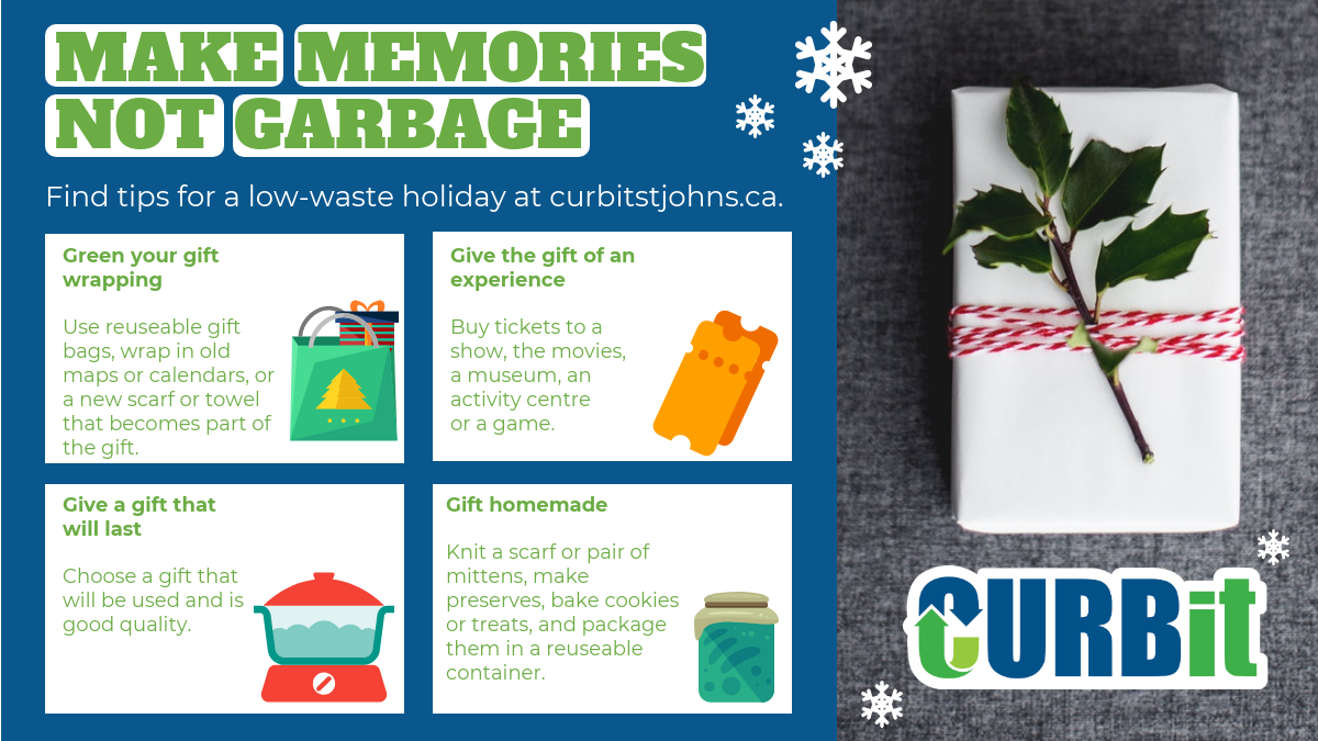 Text top left make memories not garbage. List of low-waste gift ideas.