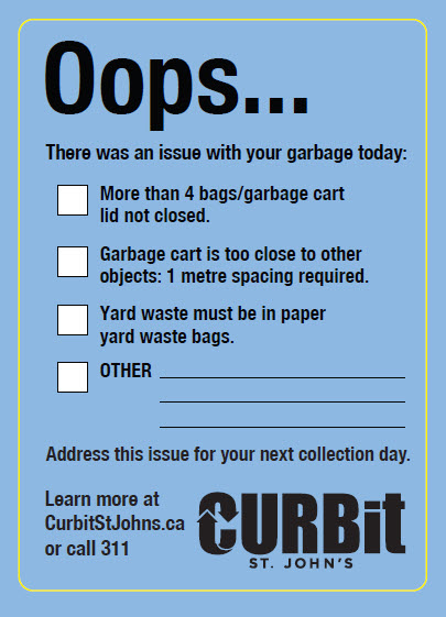 Oops sticker with list of reasons why your waste was left.