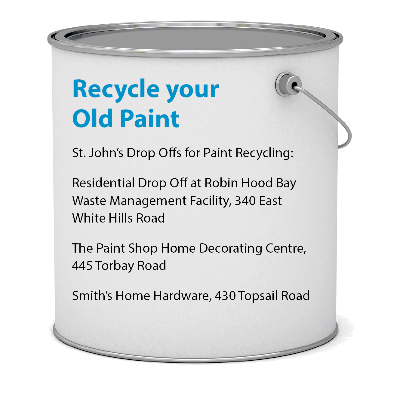 Paint can with list of drop off locations for paint recycling.