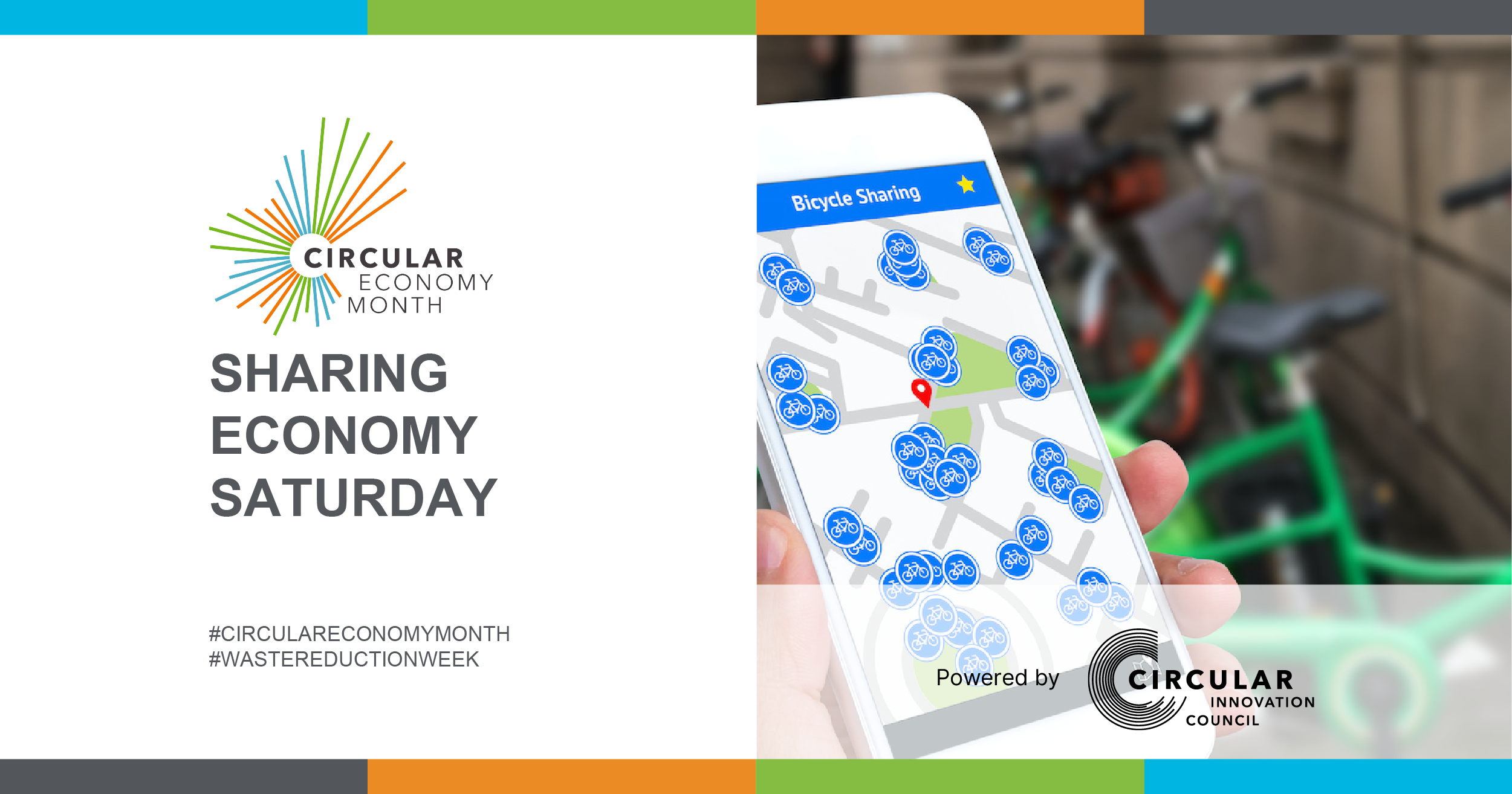 A person holds a smartphone displaying a bike-share app as they walk toward a bike-share station. Sharing Economy Saturday. #CircularEconomyMonth #WasteReductionWeek. Circular Economy Month, powered by Circular Innovation Council.