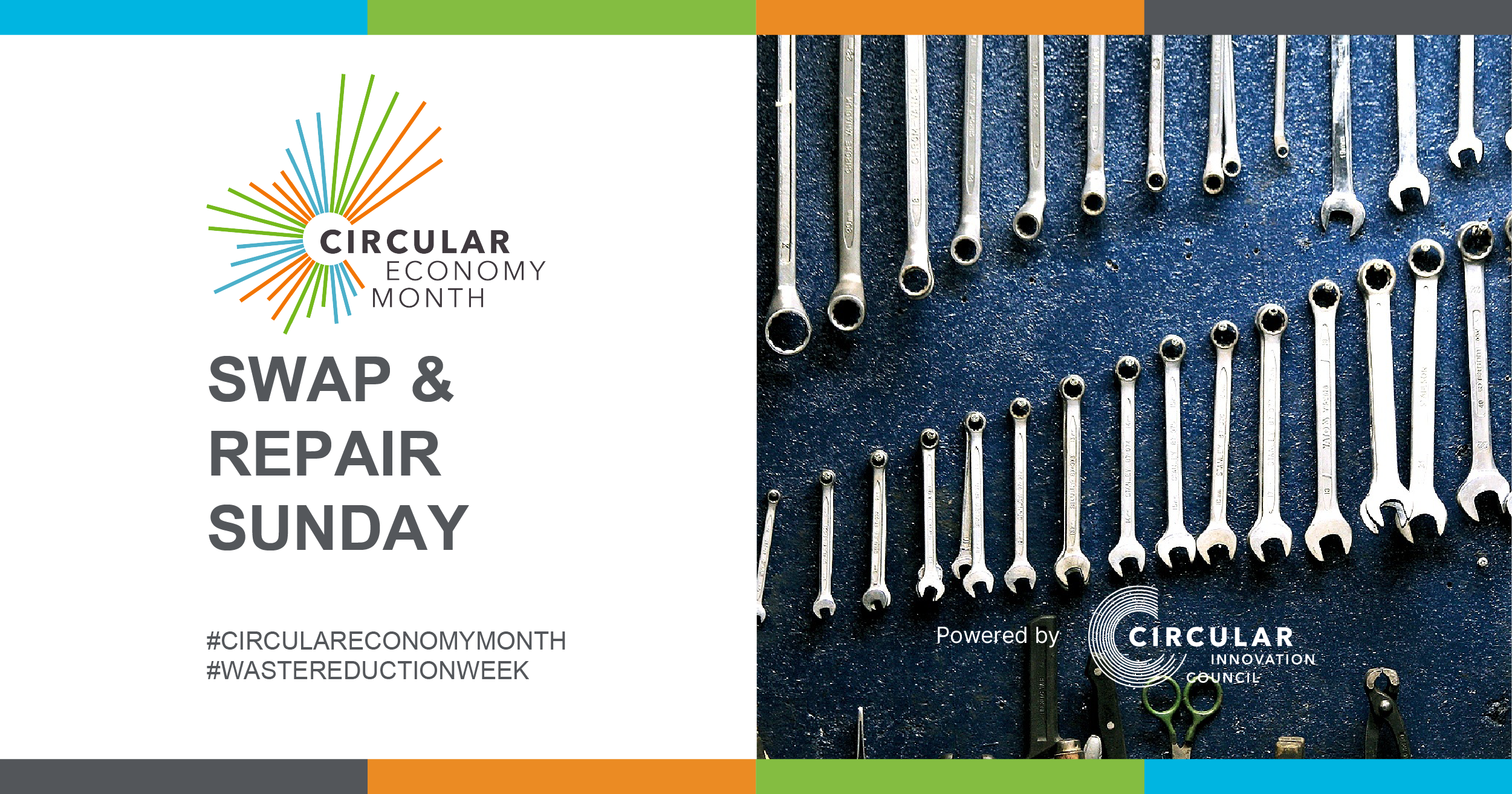 A series of varying-sized metal tools hang on a blue wall. Swap and Repair Sunday. #CircularEconomyMonth #WasteReductionWeek. Circular Economy Month, powered by Circular Innovation Council.