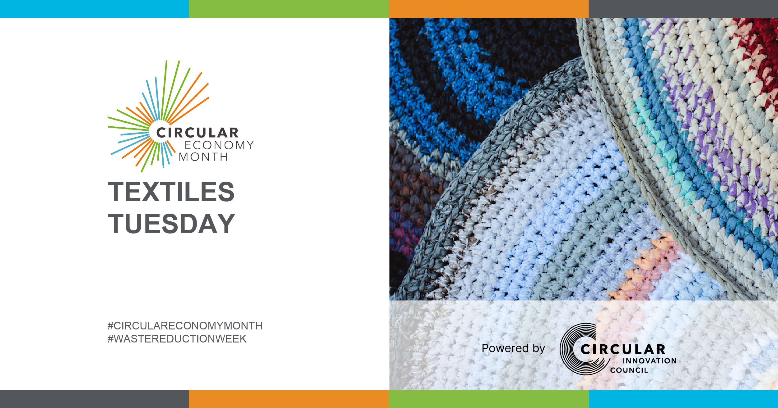 Beautiful, multicoloured, upcycled rugs woven from waste material. Textiles Tuesday. #CircularEconomyMonth #WasteReductionWeek. Circular Economy Month, powered by Circular Innovation Council.