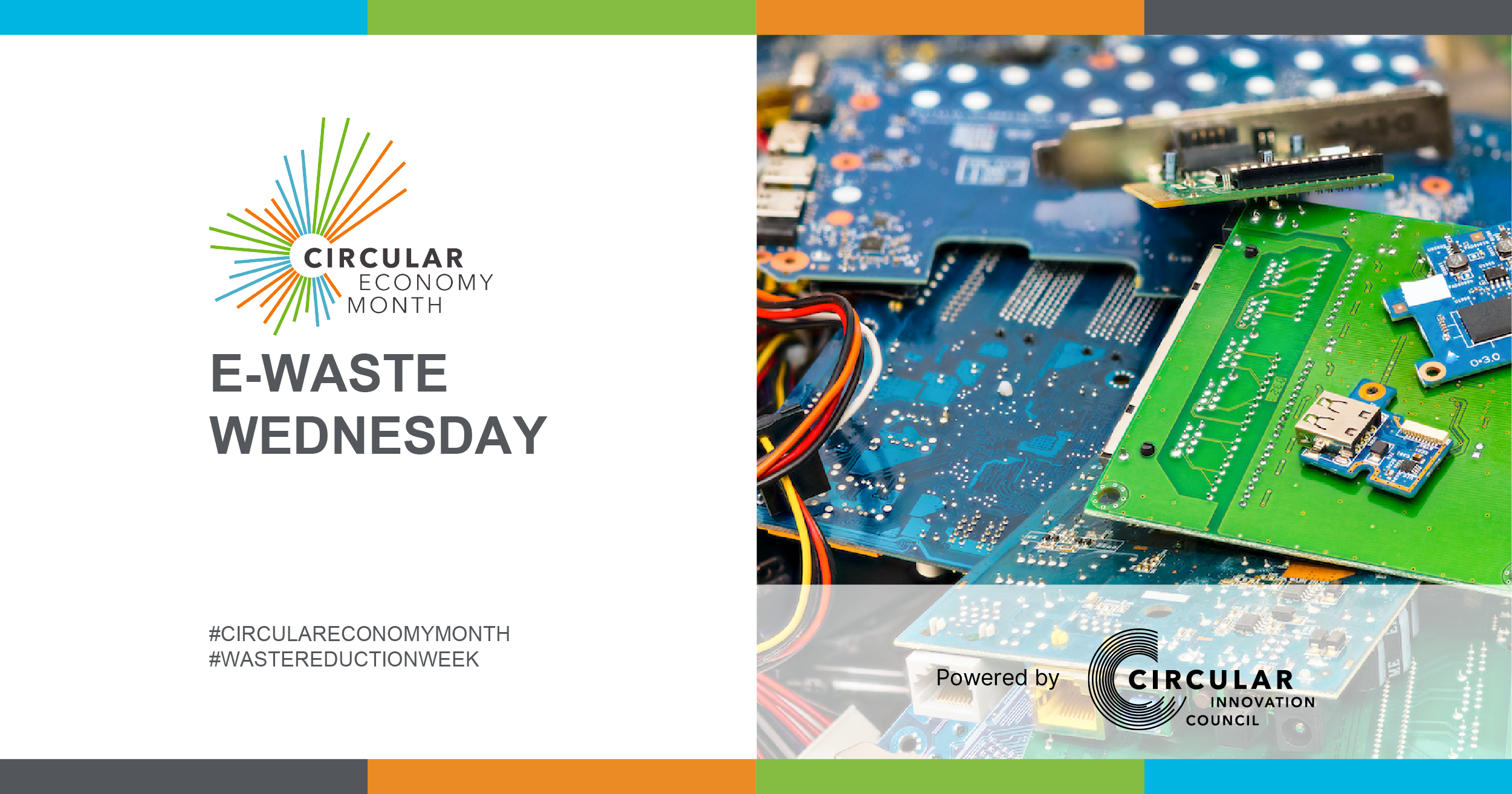 Green and blue computer chips collected into a pile. E-Waste Wednesday. #CircularEconomyMonth #WasteReductionWeek. Circular Economy Month, powered by Circular Innovation Council.