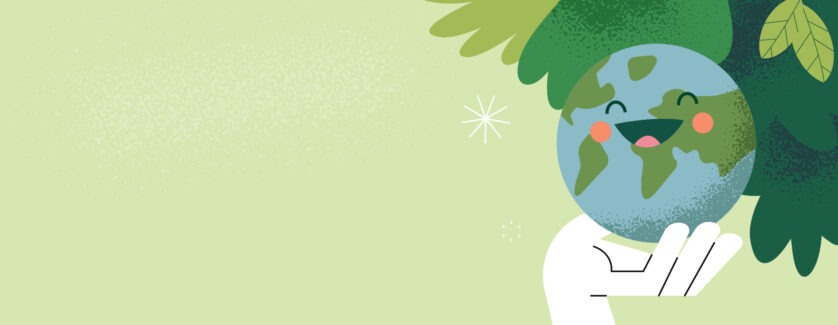 light green background, on the right there is a cartoon image of a white hand holding a smiling earth with tree leaves behind the earth