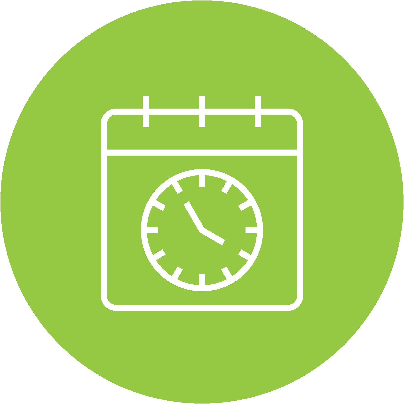 outline of a calendar month with a clock on it on a light green background