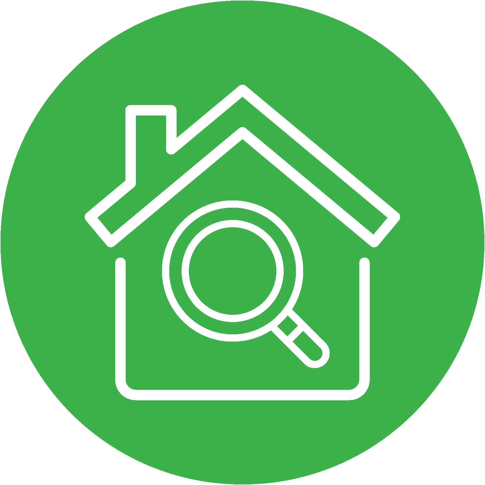 outline of a house with a magnifying glass in it on a green background